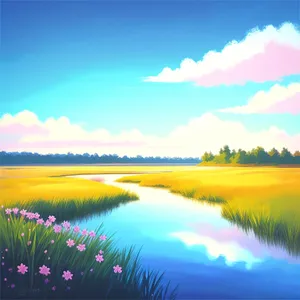 Vibrant Sunset Reflection over Serene Meadow