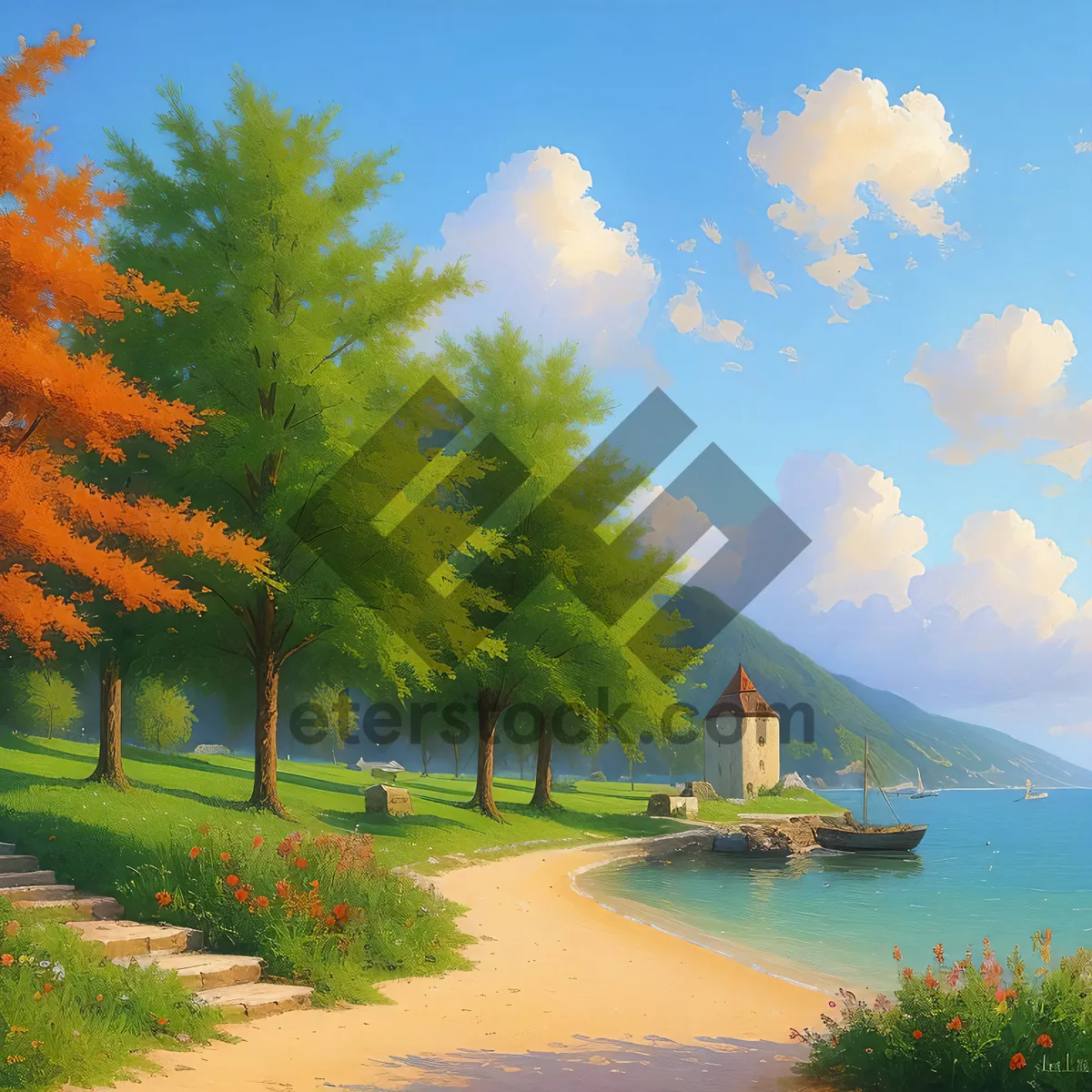 Picture of Tropical beach vacation paradise with palm trees and sun.