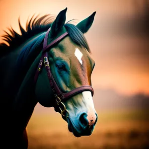 Brown Thoroughbred Stallion with Bridle in Field