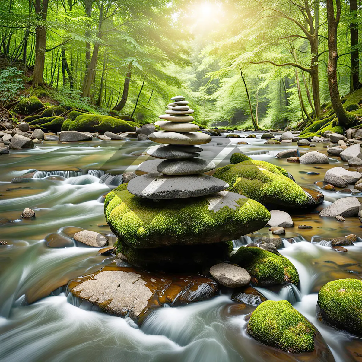 Picture of Tranquil forest park with flowing waterfall and stream