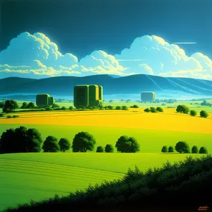 Serene Countryside Horizon with Lush Meadow and Cloud-dotted Sky