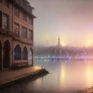 Historic Cityscape by the River: Night View with Tower