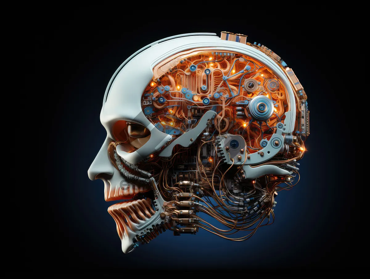 Picture of Science fiction concept of ai. Artificial brain as the most important element of the artificial intelligence system. Electronic chips and memory elements are integrated into the brain structure.