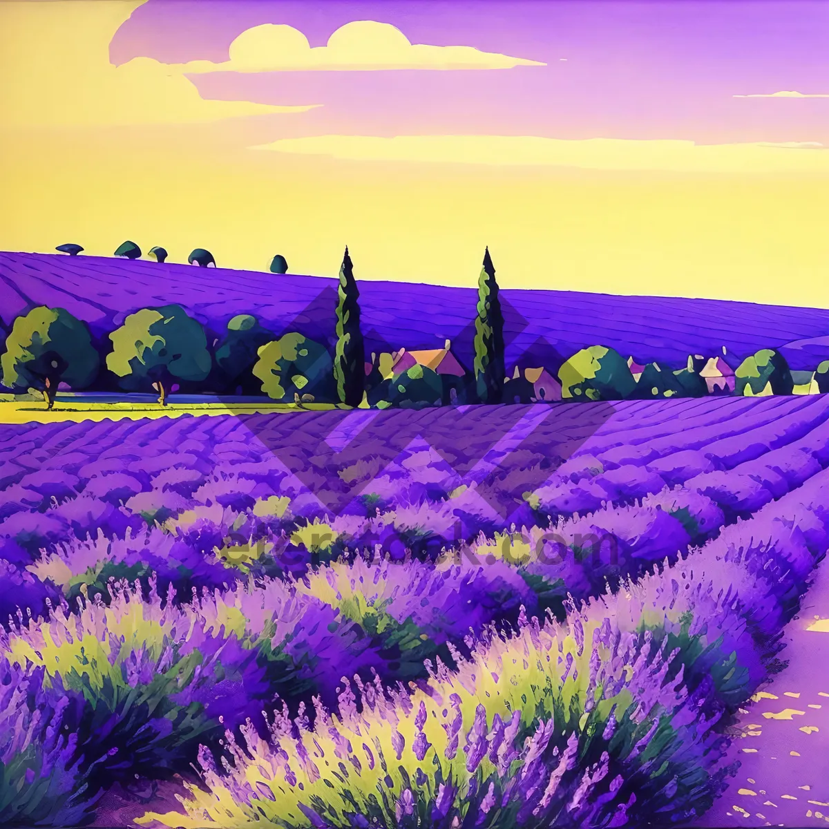 Picture of Vibrant Field of Purple Lavender Under Night Sky