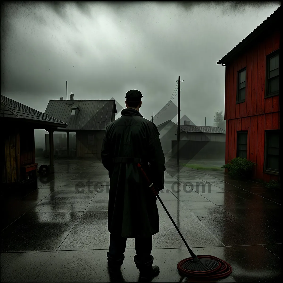 Picture of Male golfer cleaning golf club on course