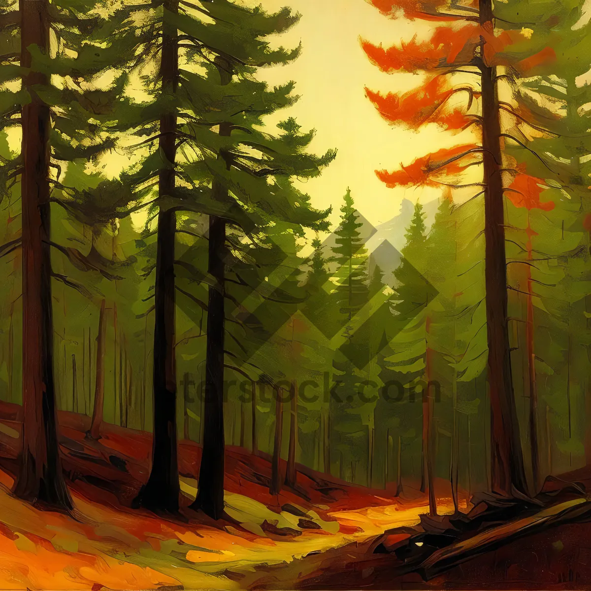 Picture of Sundown silhouette: Majestic totem pole amidst forested sunset.