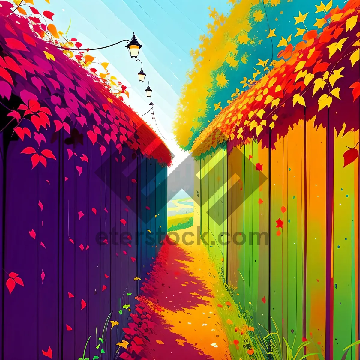 Picture of Radiant Orange Fence Light amidst Colorful Tree Art