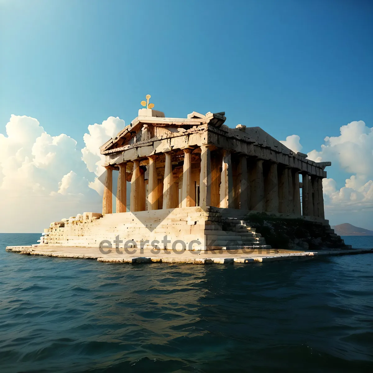 Picture of Ancient Fortress by River with Tower and Columns.