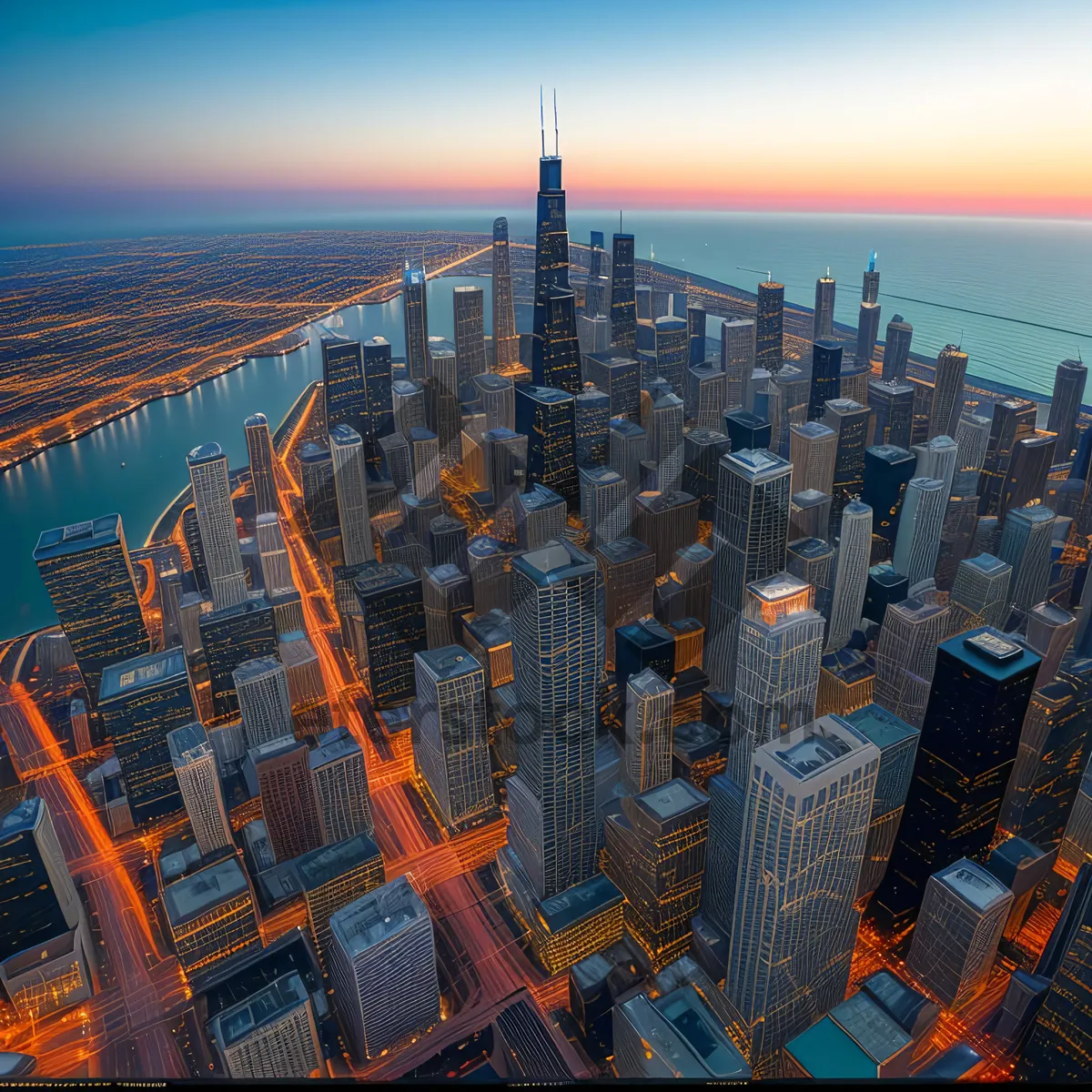 Picture of Urban Twilight: Majestic Skyscrapers Illuminate the City