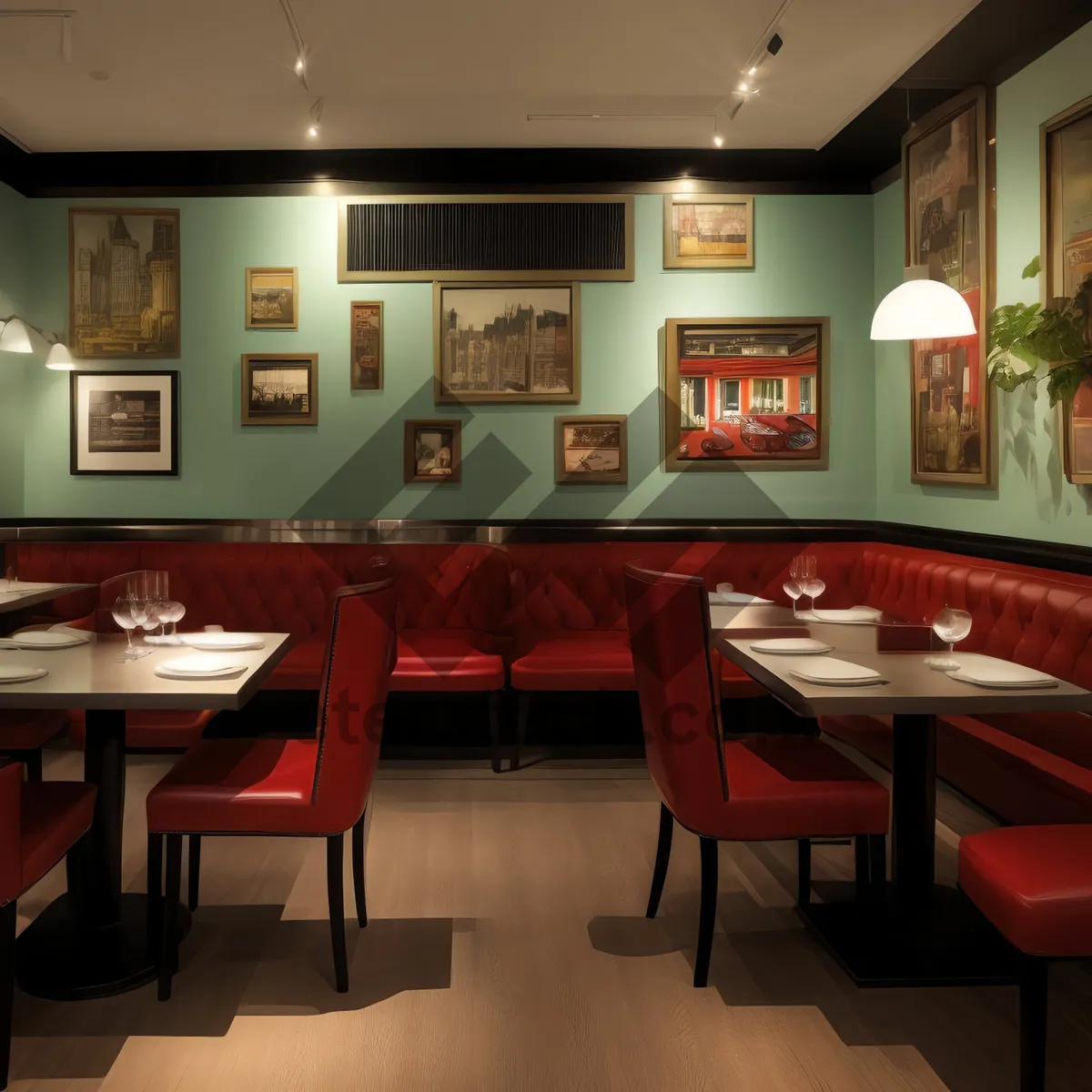 Picture of Modern interior design of luxury restaurant with wooden furniture