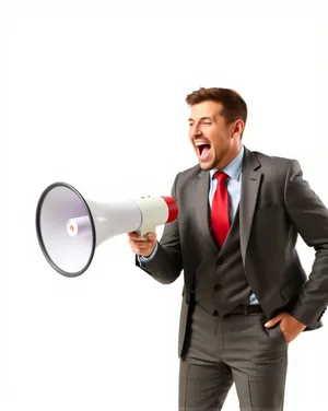 Confident businessman with megaphone in corporate setting