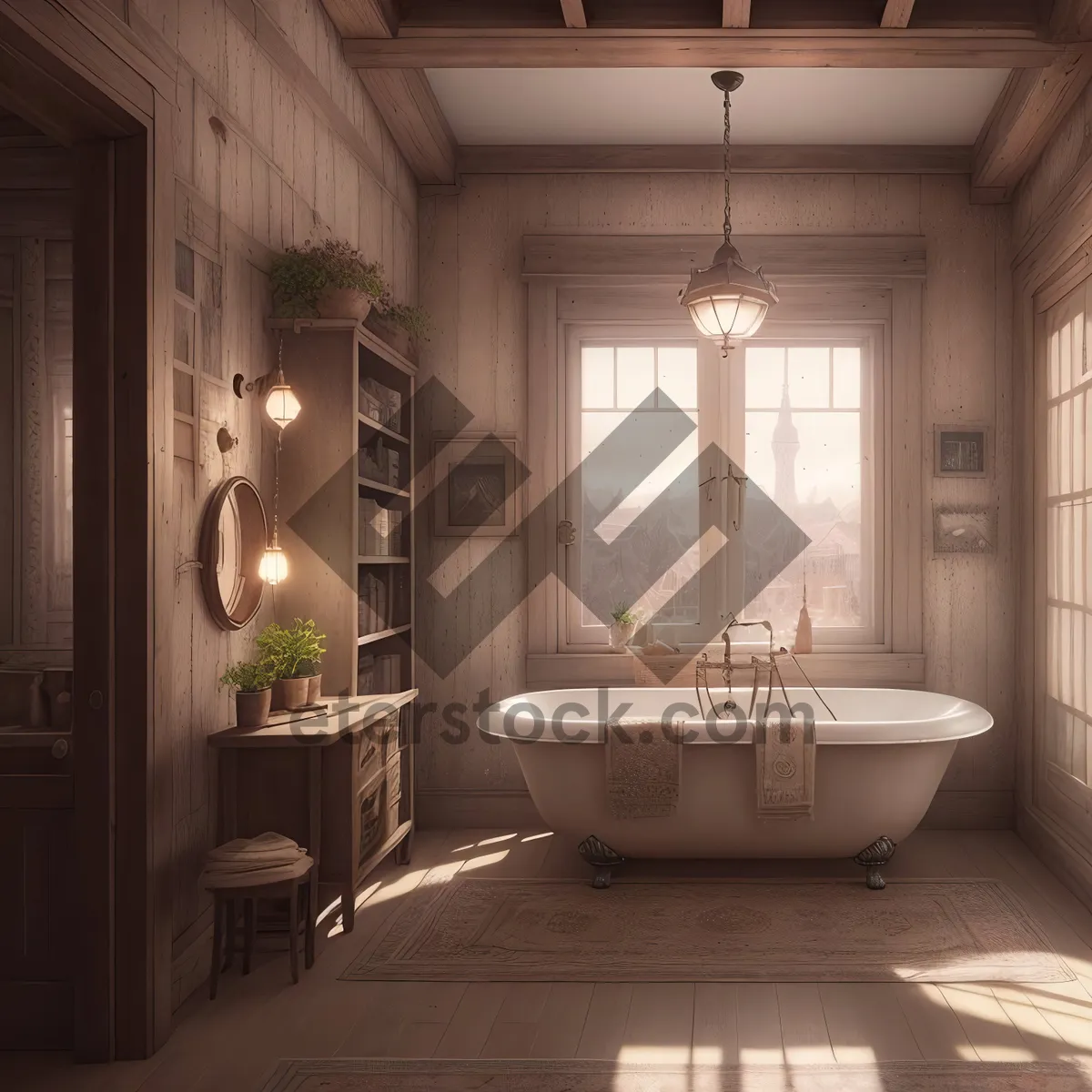Picture of Elegant Modern Bathroom Interior with Stylish Vessel Tub
