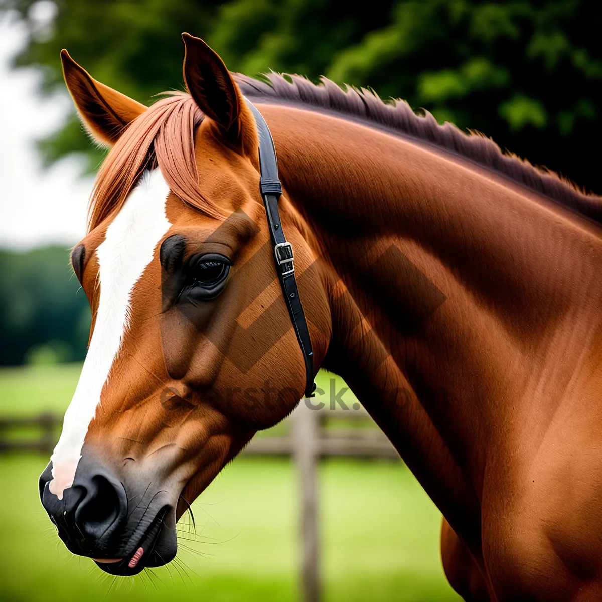 Picture of Brown Stallion Grazing in Rural Meadow