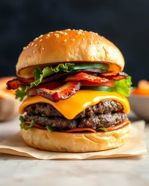 Grilled Cheeseburger with Fresh Vegetables and Fries
