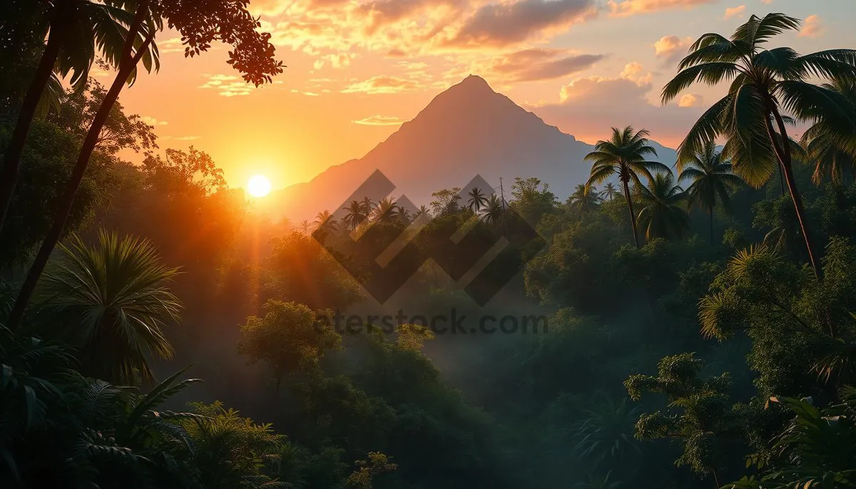Picture of Orange sunset silhouette mountain landscape with clouds.