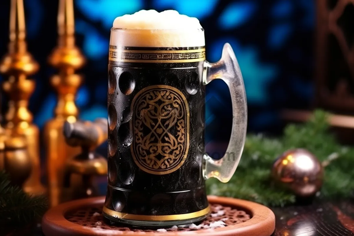 Picture of Yellow glass cup with coffee and beer foam