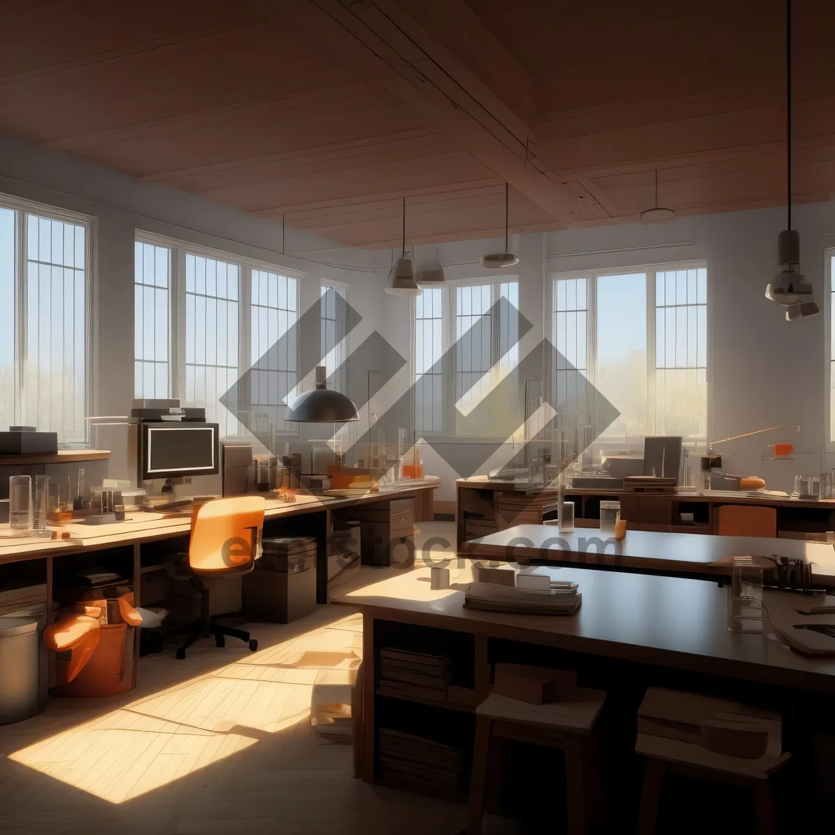 Picture of Modern luxury restaurant interior with wooden furniture and chair.