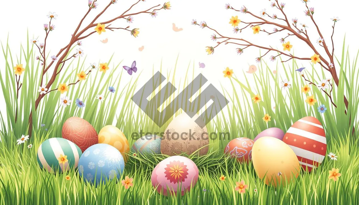 Picture of Colorful Easter Egg Decoration with Grass and Ornaments