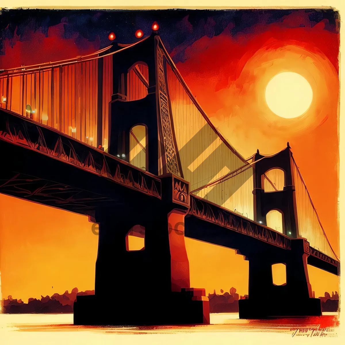 Picture of Golden Gate Bridge at Dusk: Iconic Suspension Bridge Against City Skyline