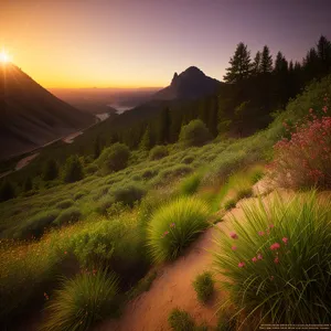 Majestic Highland Landscape Amidst Blossoming Meadow