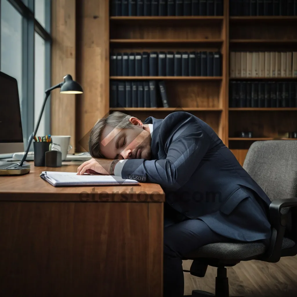 Picture of Happy man working on laptop in office library