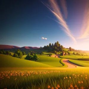 Golden Horizon: Rural Landscape in Spring Meadow