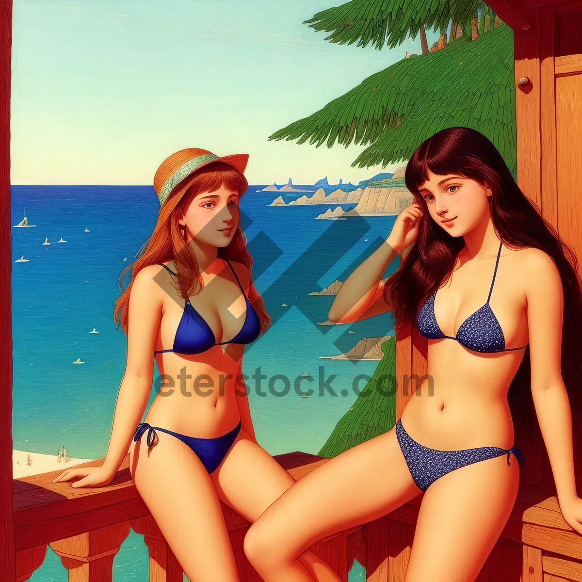 Picture of Sultry beach babe in seductive swimwear catches waves.
