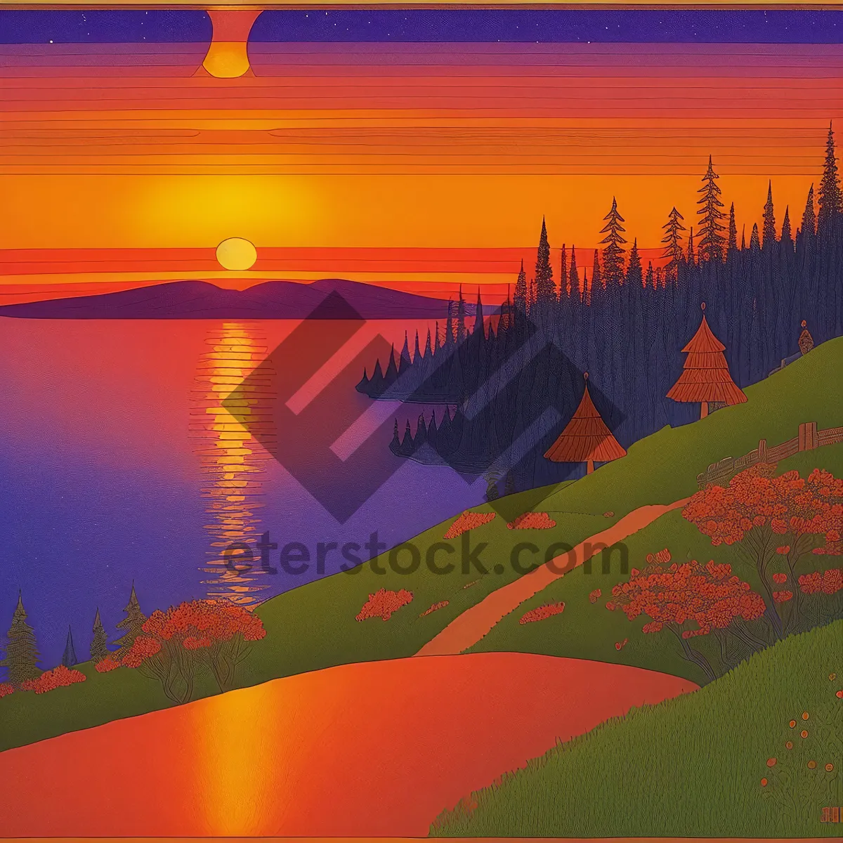 Picture of Sunset Reflection on Lake with Orange Sky