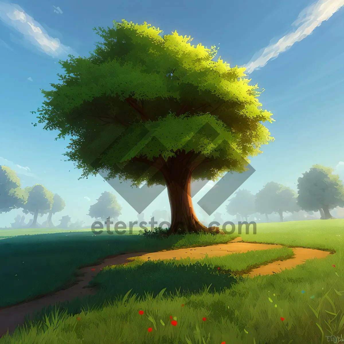 Picture of Idyllic Spring Landscape with Meadow, Tree, and Blue Sky