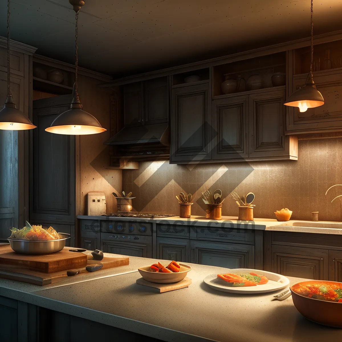 Picture of Modern Kitchen Interior with Stylish Wood-Finished Island