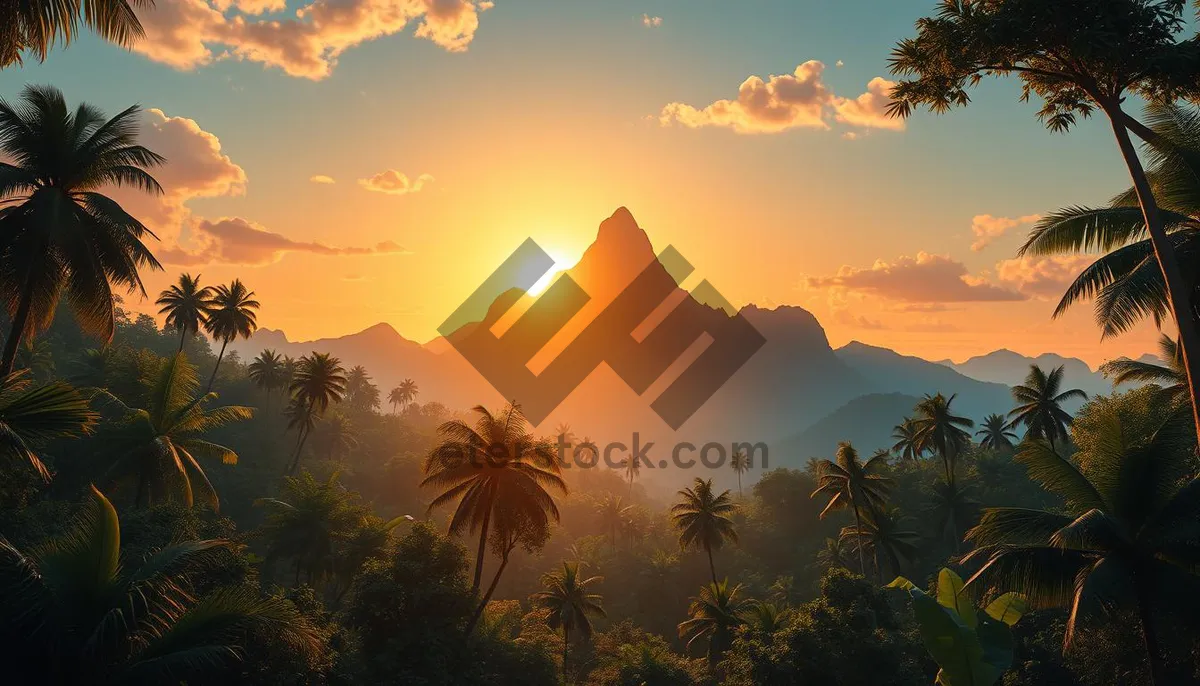 Picture of Tropical Sunset Silhouette Palm Trees Beach Scene