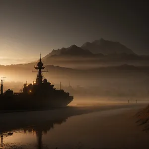 Sunset Silhouette: Majestic Warship Sailing over City