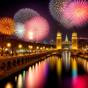 Night Sky Fireworks Reflected on River