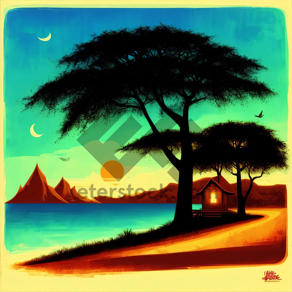 Picture of Sunset Paradise - Tranquil Beach Scene with Surfer
