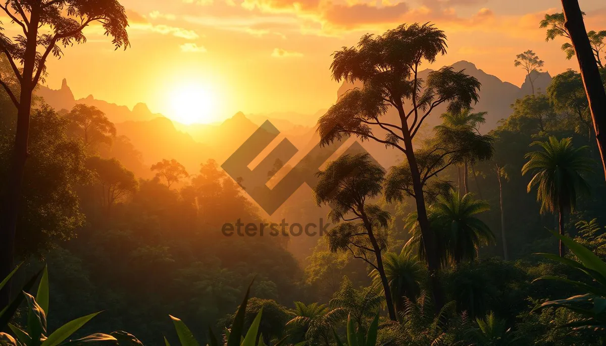 Picture of Sunset over tropical beach with palm trees silhouette.