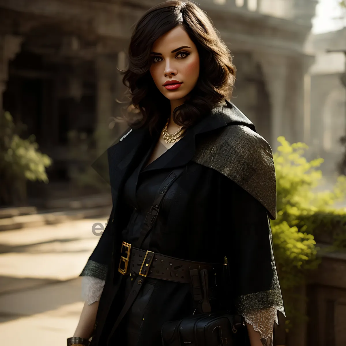 Picture of Smiling Brunette Fashion Model in Leather Coat