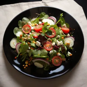 Fresh vegetable salad with grilled cheese and tomatoes