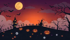 Halloween Night Silhouette with Moon and Pumpkins