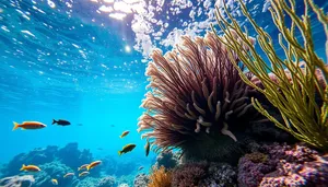 Colorful tropical fish swimming in sunlit coral reef.