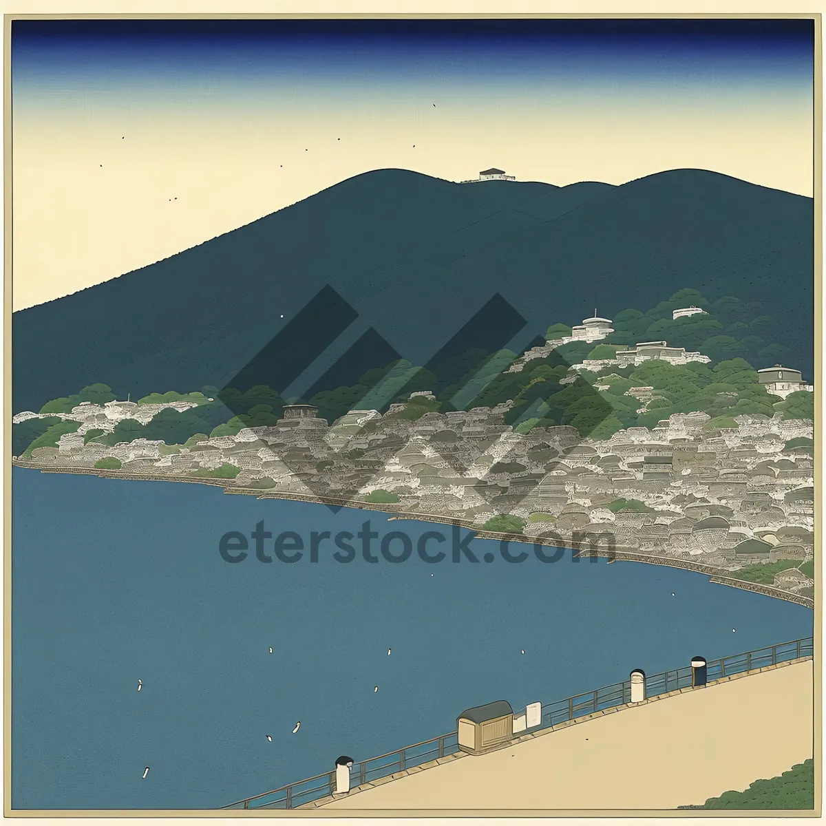 Picture of Idyllic Coastal Summer Getaway: Serene Beach Landscape with Majestic Mountains