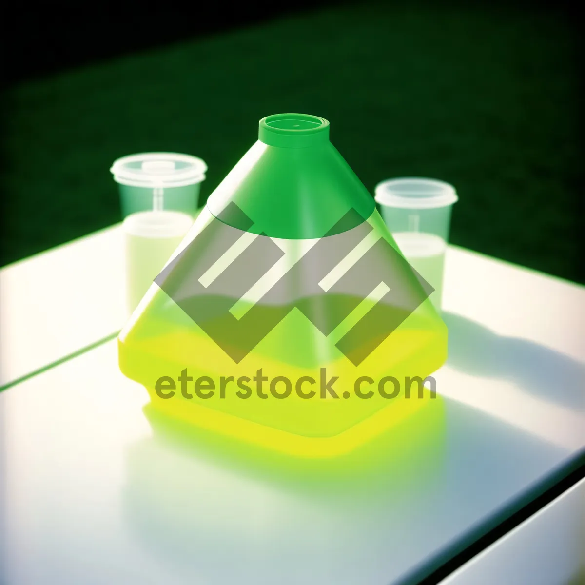 Picture of Transparent glass beaker with liquid sample for chemistry experiment.