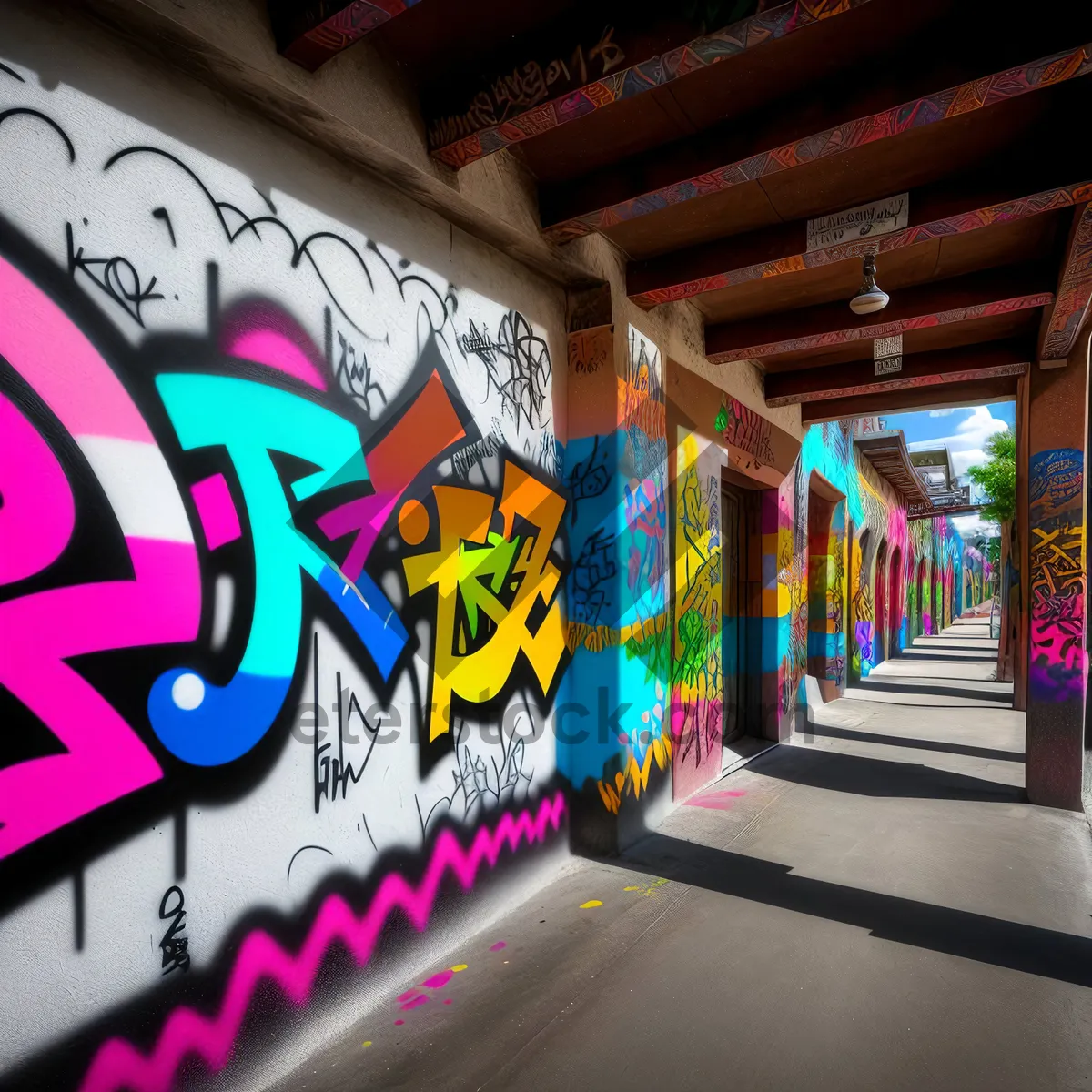Picture of Vibrant Urban Marketplace with Graffiti Art