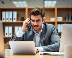 Smiling businessman working in modern office with laptop