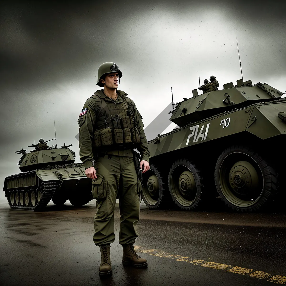 Picture of Camouflaged Soldier in Military Tank with Rifle