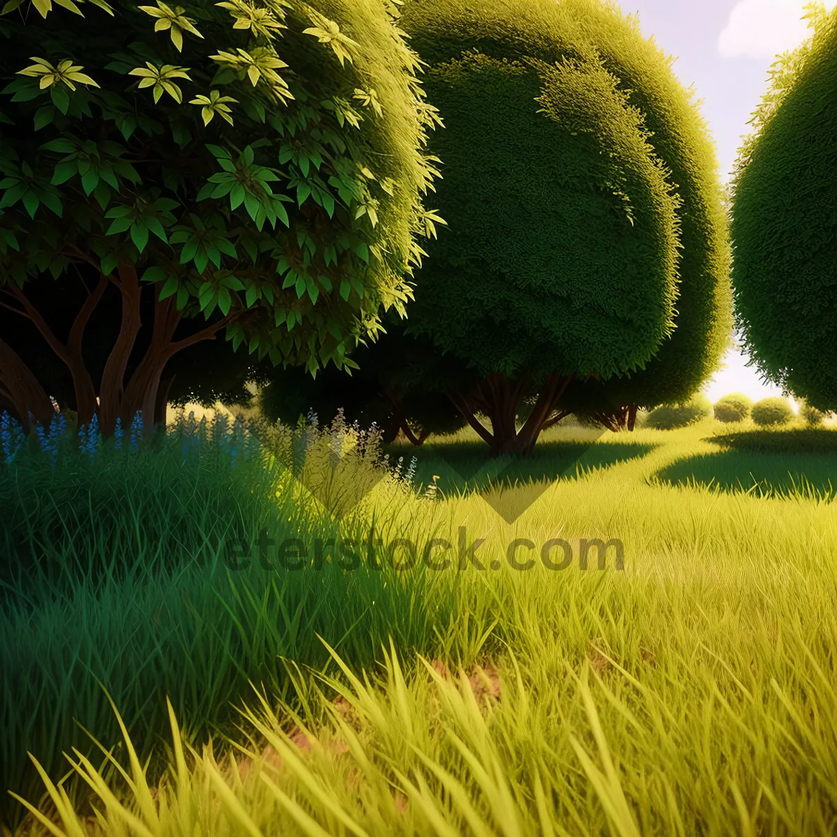 Picture of Sunlit Meadow with Growing Grass in Rural Landscape