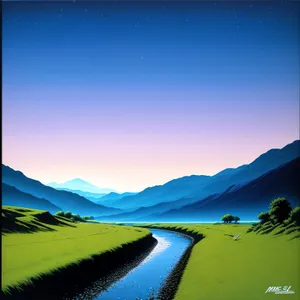 Sunset Over Rural Meadow: Vibrant Sky, Majestic Horizon