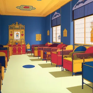 Modern classroom interior with wooden furniture