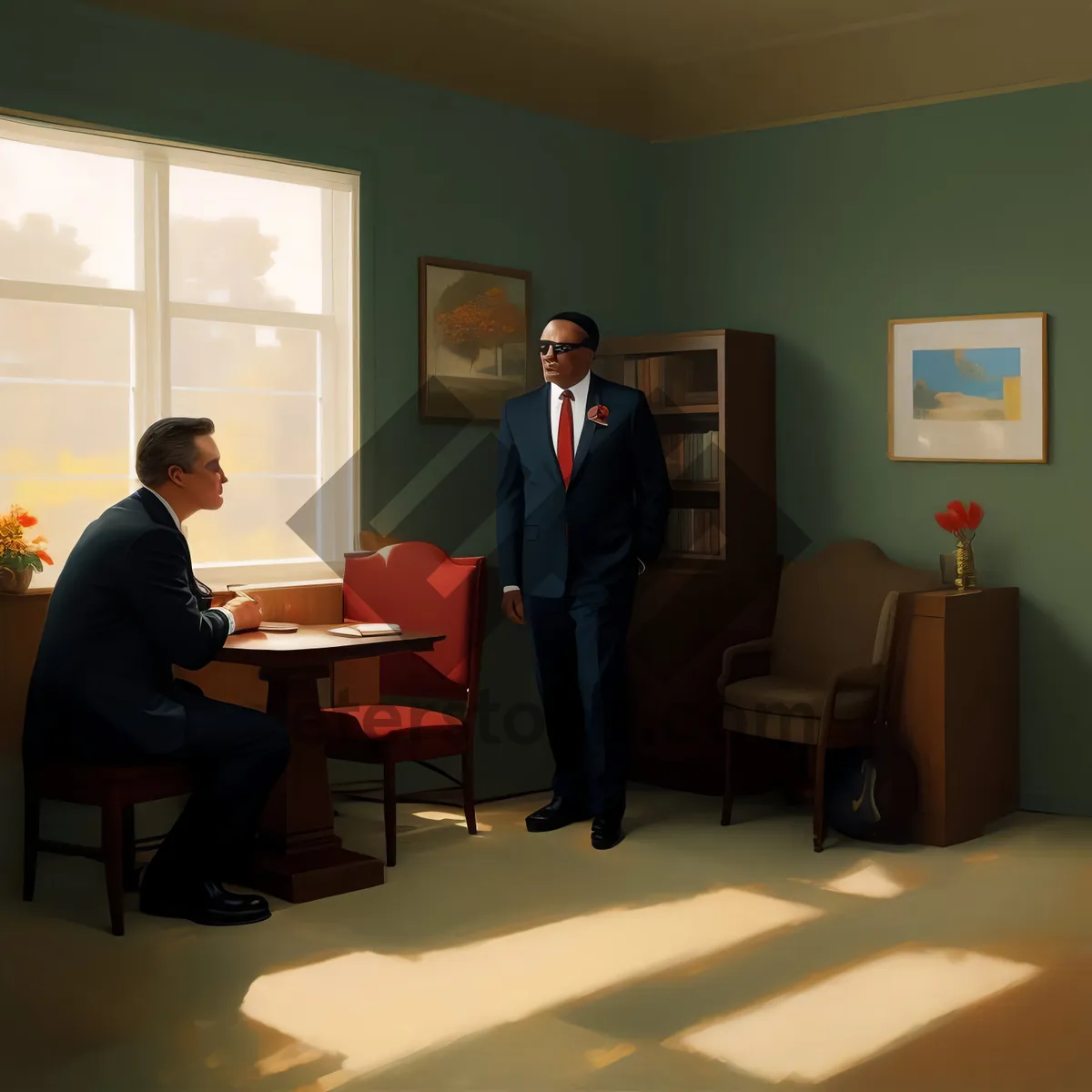 Picture of Successful Business Meeting with Corporate Professionals at Executive Office"
(Note: This sentence is not an image description but a concise line that could be used as a short name for the image based on the provided tags.)