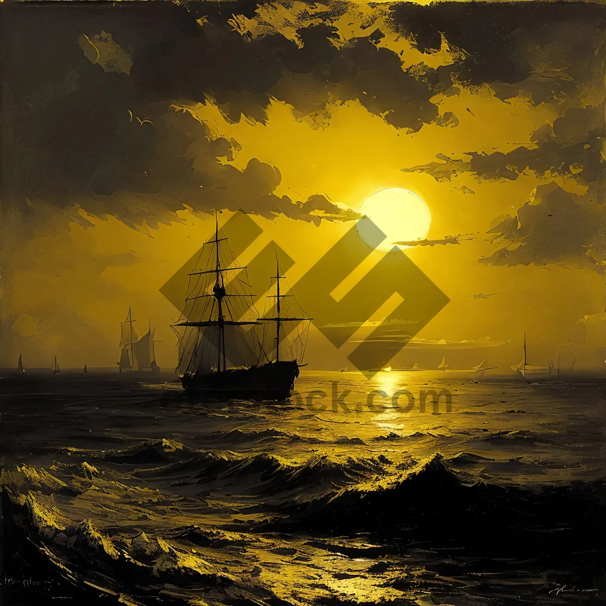 Picture of Silhouette Pirate Ship at Sunset with Tower