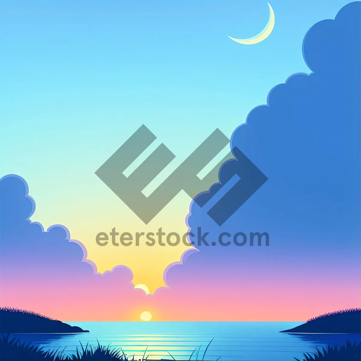 Picture of Sunlit World Map with Cloudy Ocean and Blue Sky